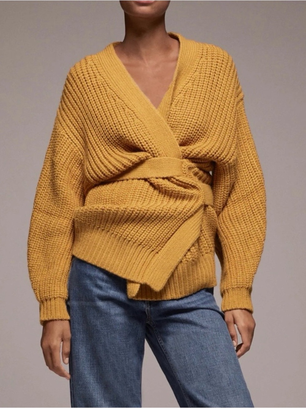 Zara Mustard Wrap-Front V-Neck Sweater